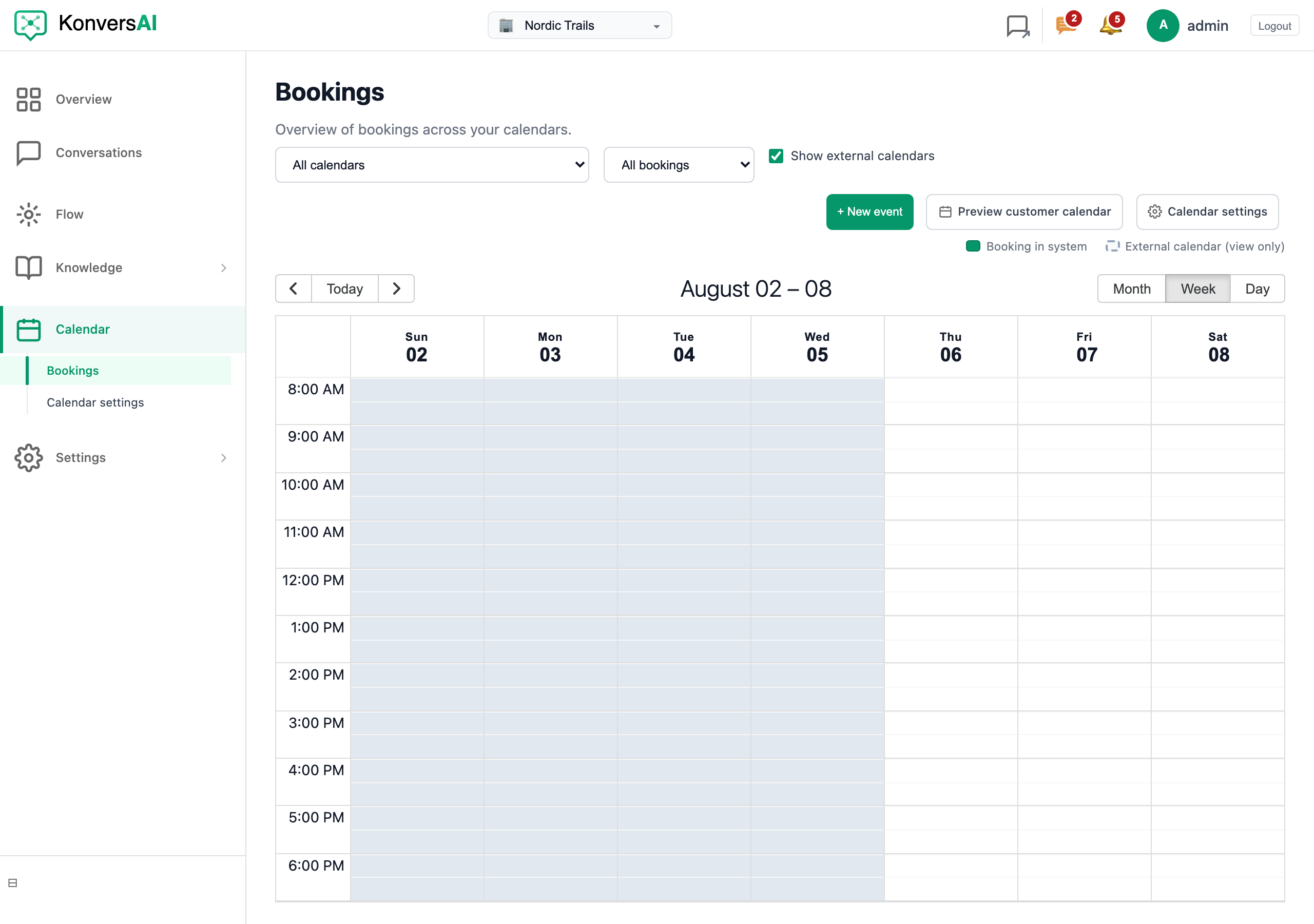 The Bookings screen, showing the bookings across every calendar.
