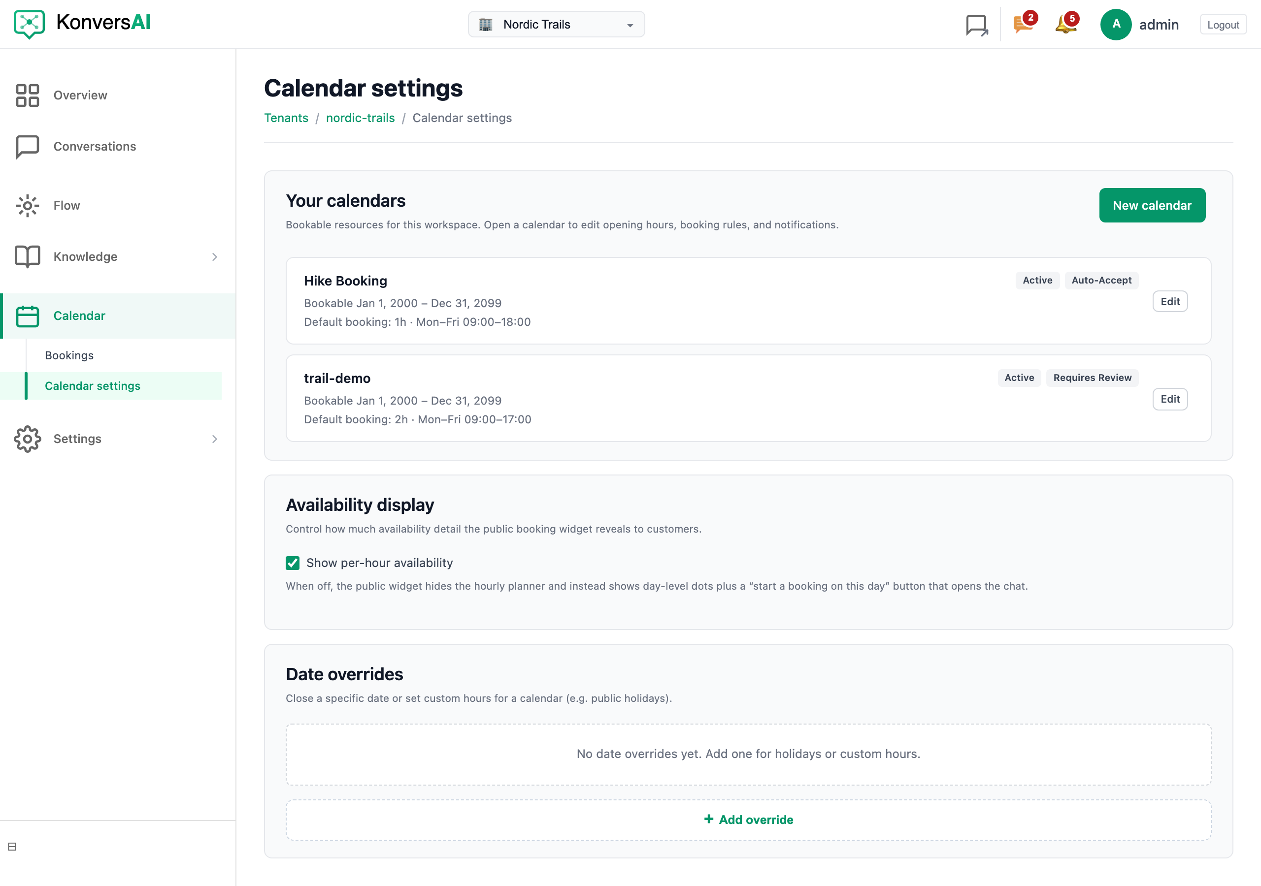 The Calendar settings screen, with Your calendars, Availability display and Date overrides.