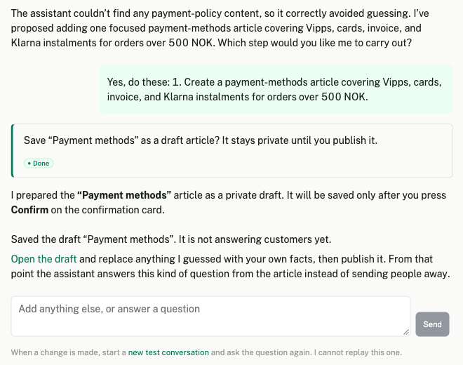 The confirmation card marked Done, followed by the reply that the draft Payment methods is saved and a link Open the draft.