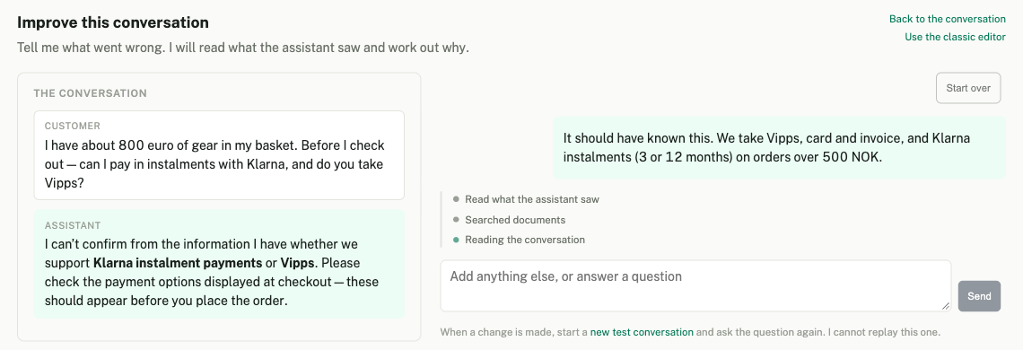 The review panel while KonversAI works. Under the complaint, a list shows Read what the assistant saw, Searched documents and Reading the conversation.