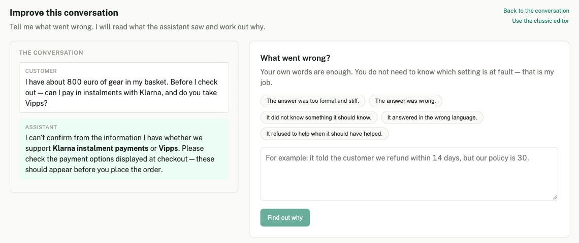The Improve this conversation screen. The conversation is on the left. On the right, the panel What went wrong? has five ready-made sentences, a text box and the Find out why button.