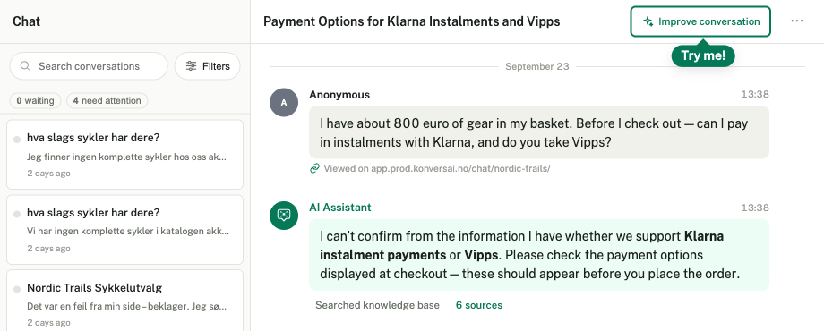 An open chat conversation. The Improve conversation button is at the top right of the conversation, above the messages.