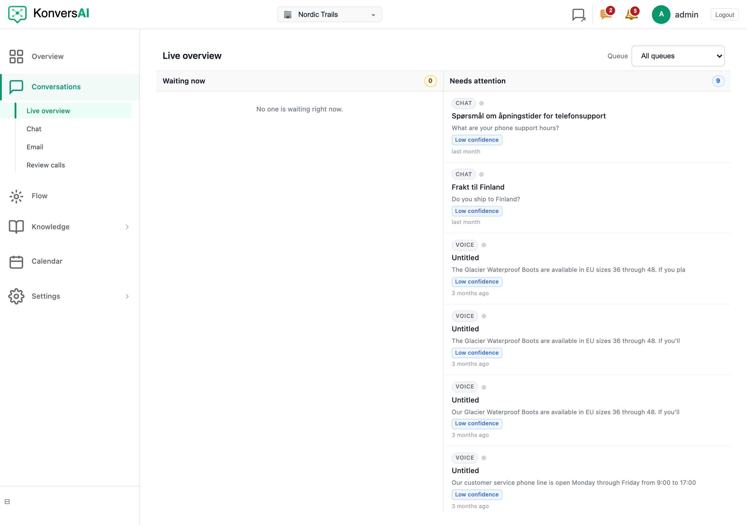 The Live overview screen, showing the customers who are waiting and the conversations that need attention.