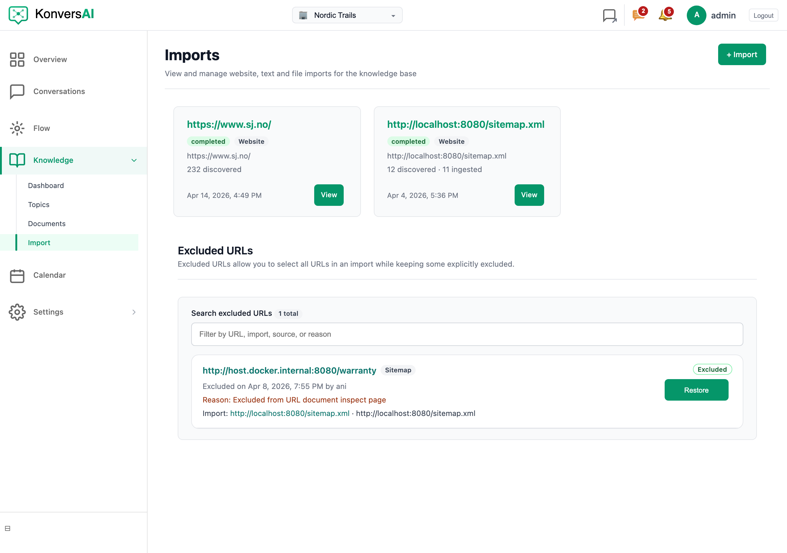 The Imports screen, listing every website, file and text import as a card.