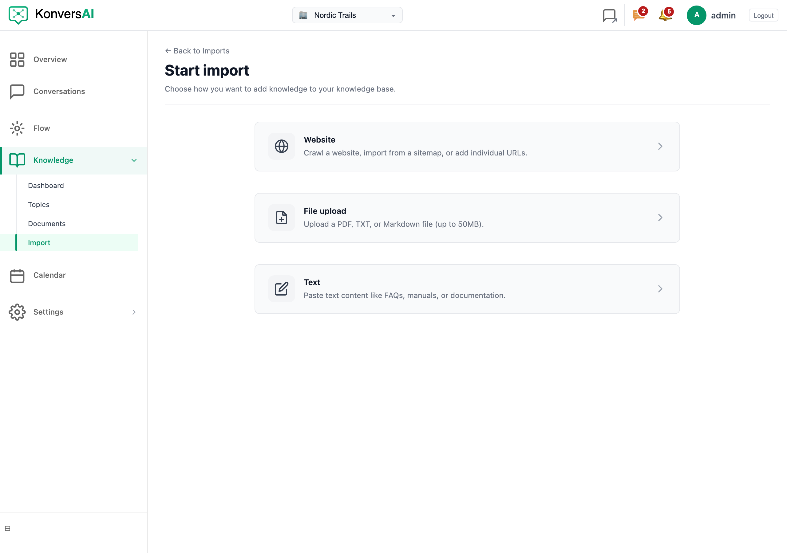 The Start import screen, with the three source cards: Website, File upload and Text.