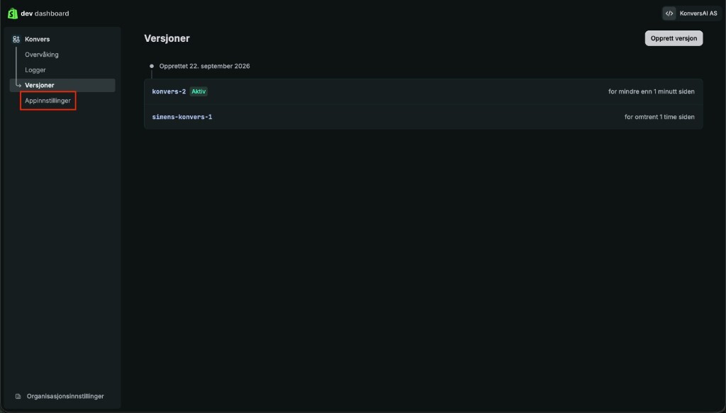 The Versions page in the Shopify Dev Dashboard, with App settings highlighted in the sidebar.