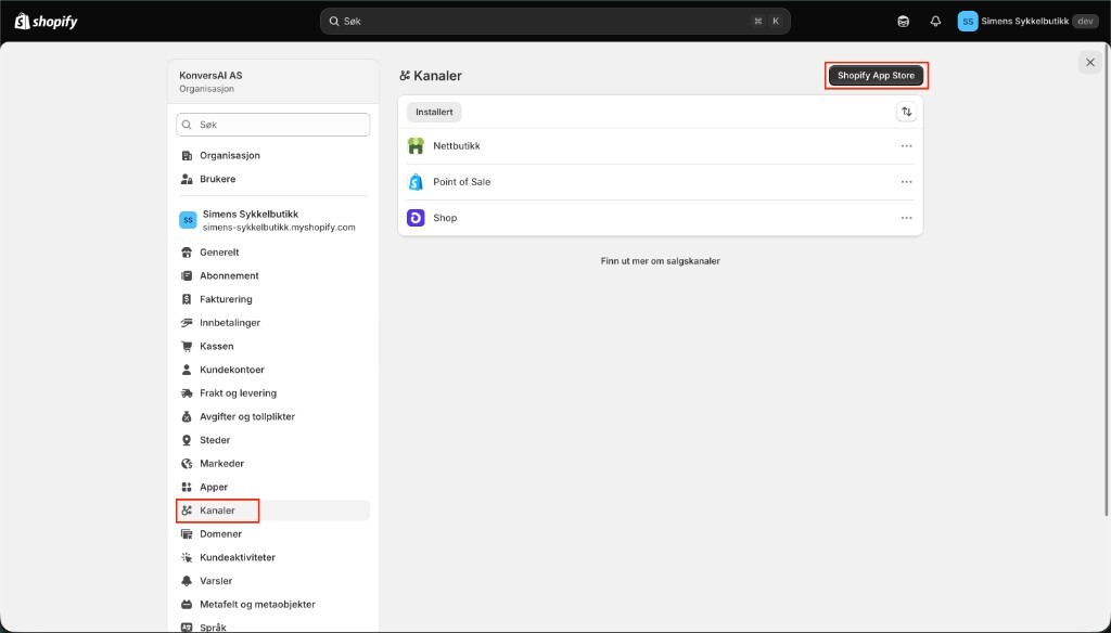 The Channels page in Shopify settings, with Channels selected in the sidebar and Shopify App Store highlighted.
