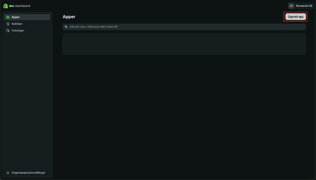 The Apps list in the Shopify Dev Dashboard, with Create app highlighted in the top right.