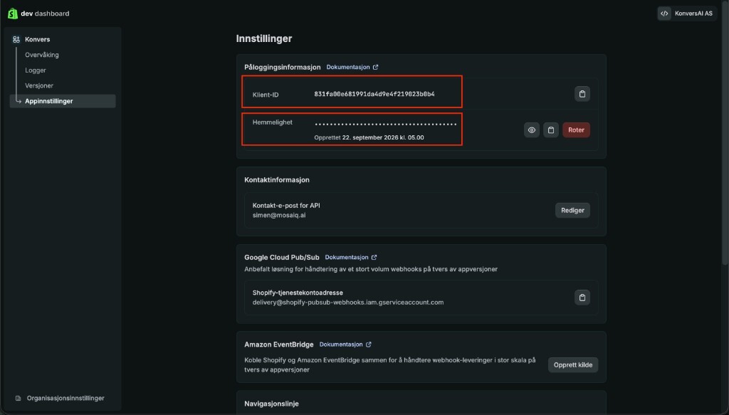 App settings in the Shopify Dev Dashboard, with Client ID and Secret highlighted under Credentials.