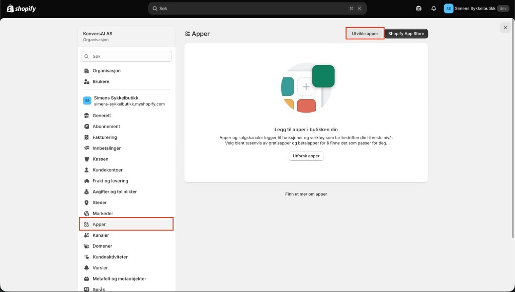 The Apps page in the Shopify admin, with Apps selected in the settings sidebar and Develop apps highlighted.