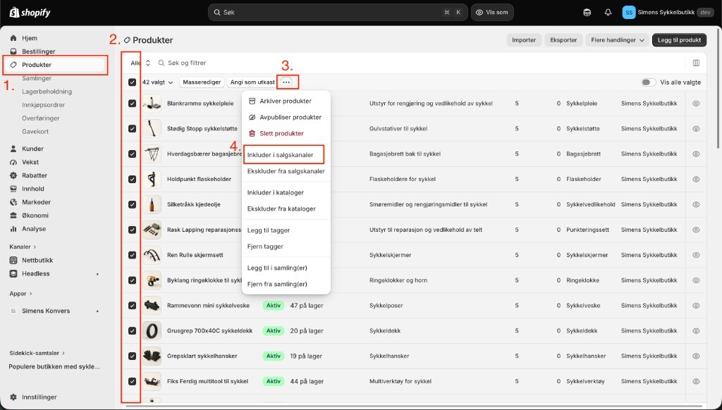 The Products page in the Shopify admin. Products is selected, product checkboxes are selected, the ... menu is open, and Include in sales channels is highlighted.