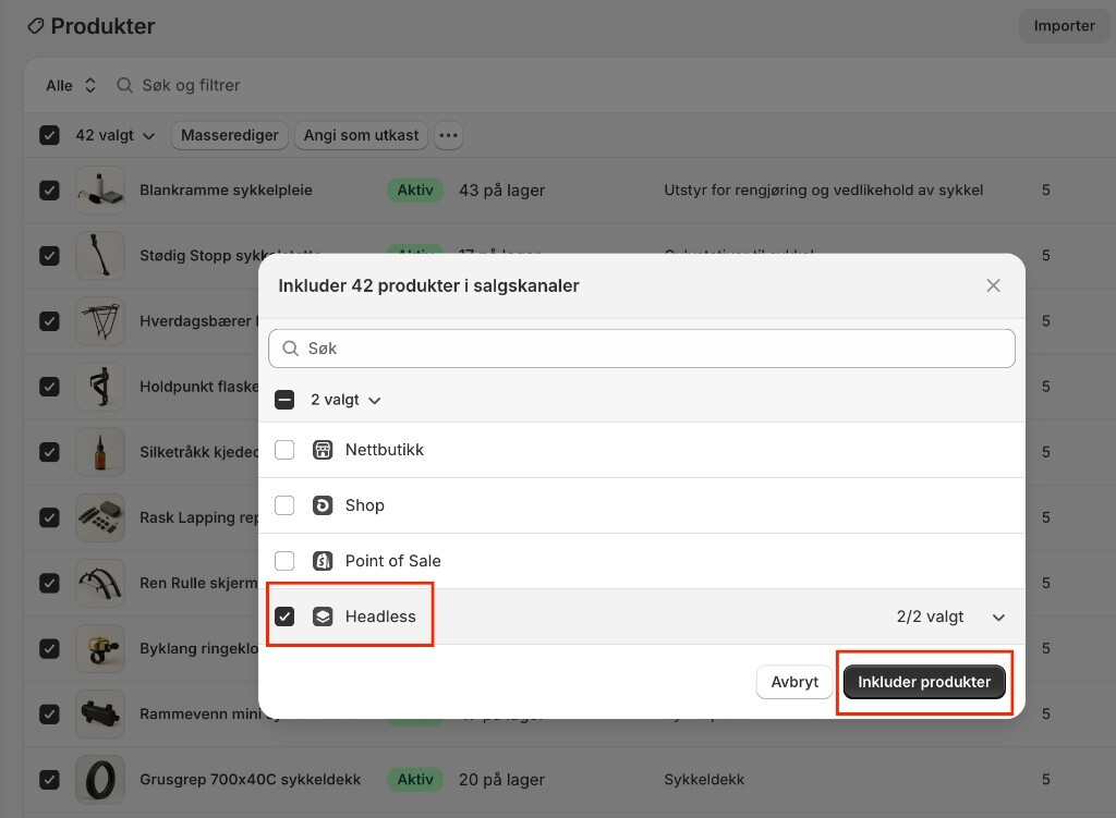 The Include products in sales channels dialog, with Headless selected and Include products highlighted.