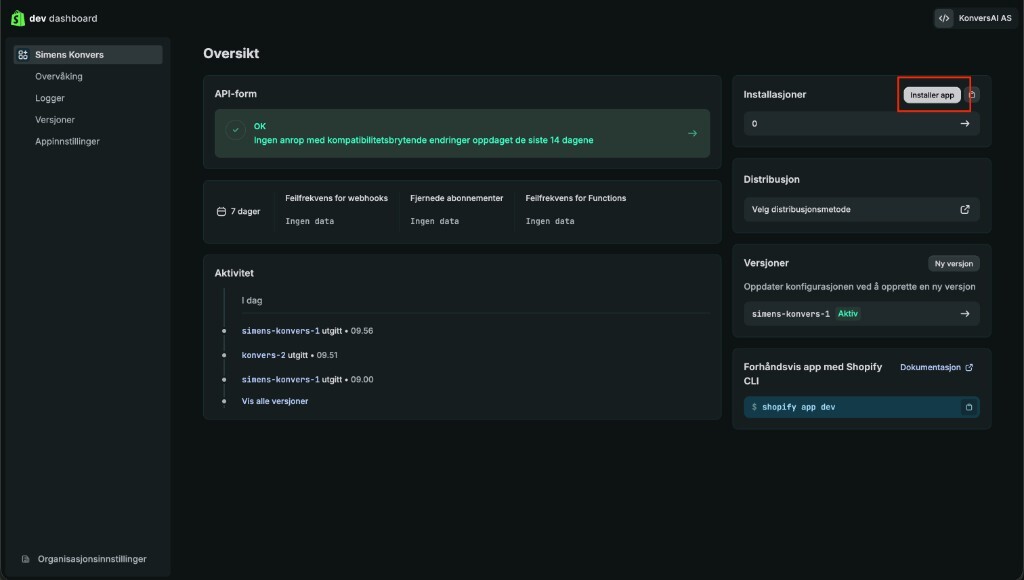 The Overview page in the Shopify Dev Dashboard, with Install app highlighted.