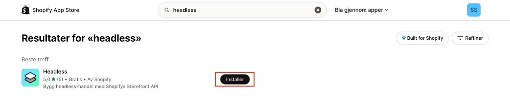 Shopify App Store search results for Headless, with Install highlighted.