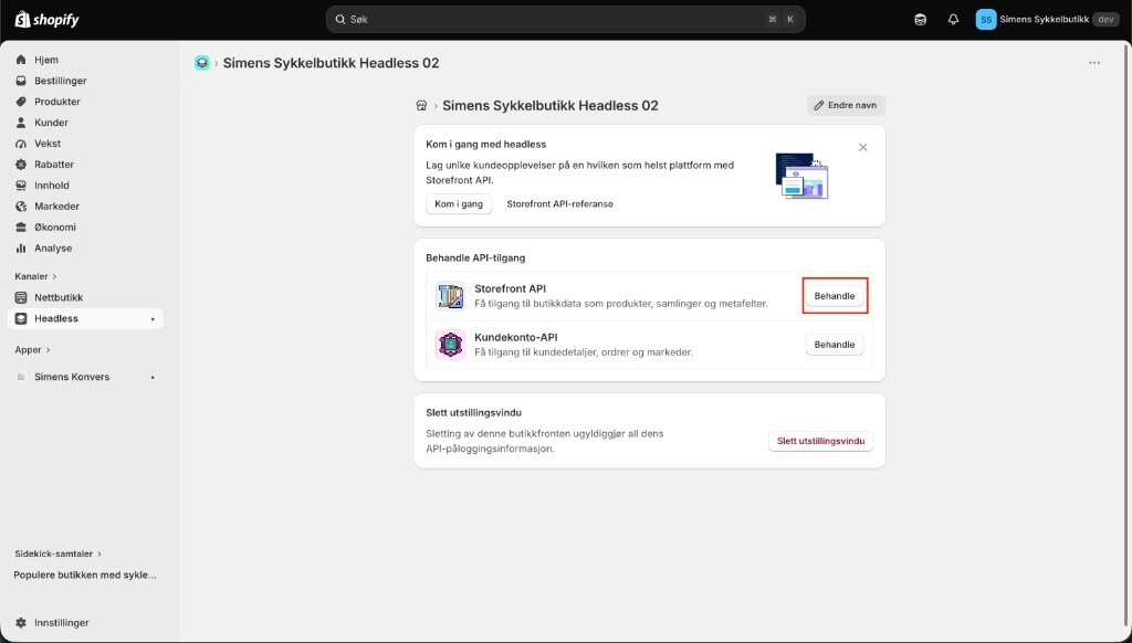 A Headless storefront in the Shopify admin, with Manage highlighted beside Storefront API.