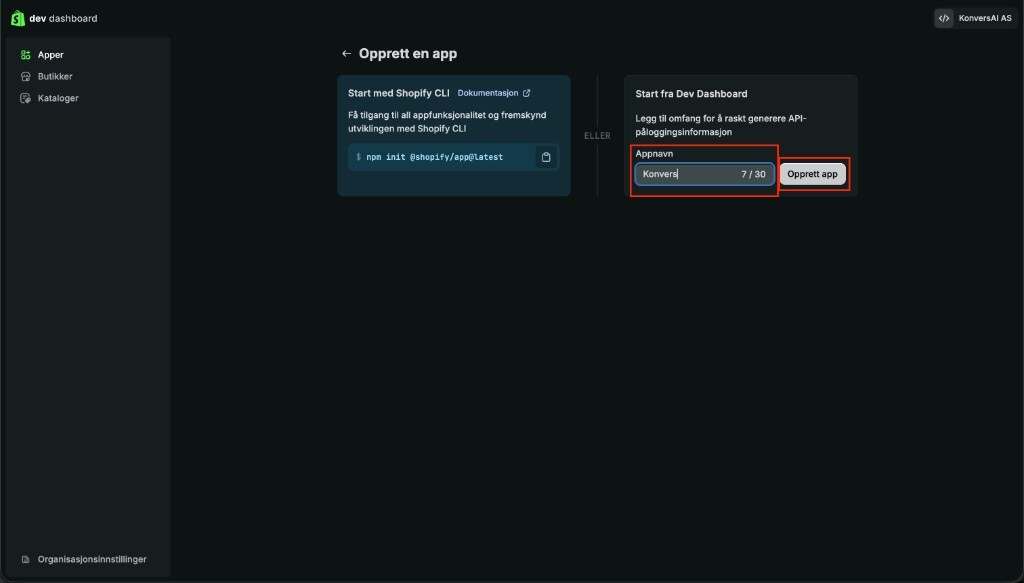 The Create an app page in the Shopify Dev Dashboard, with the app name field and Create app highlighted under Start from Dev Dashboard.