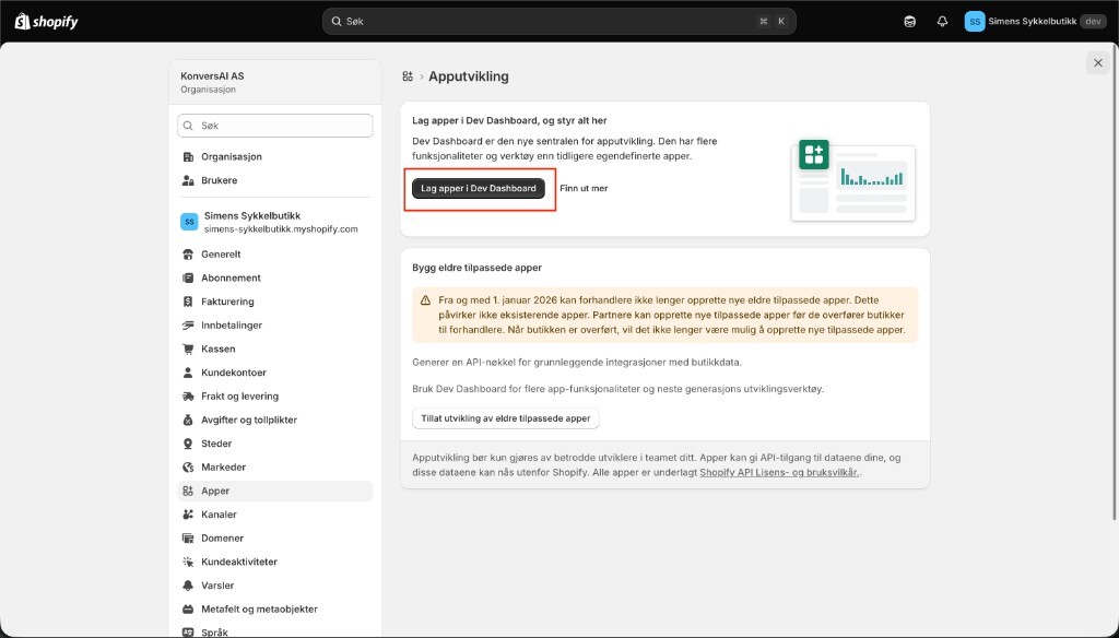 The App development page in the Shopify admin, with Create apps in Dev Dashboard highlighted.