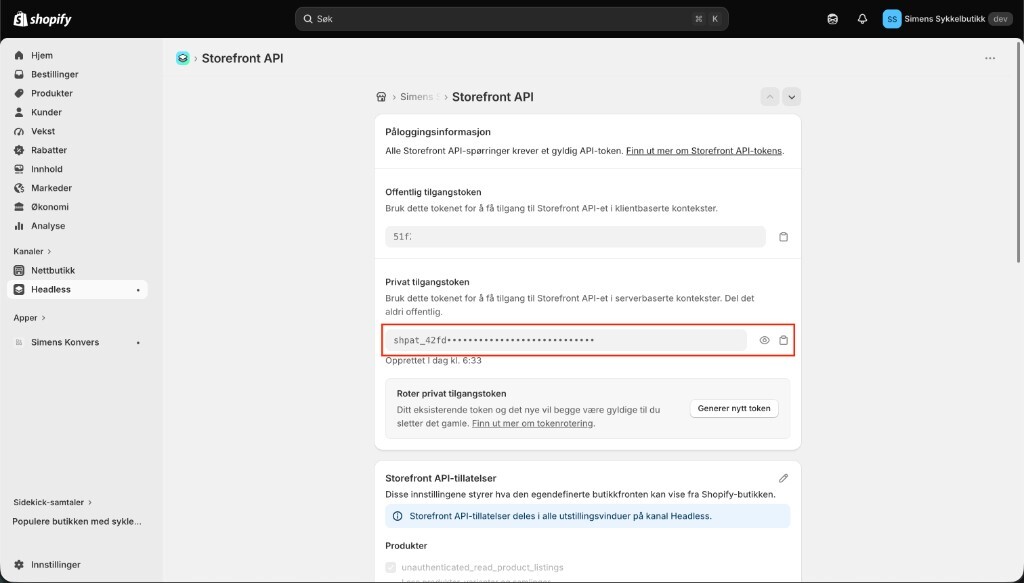 The Storefront API page, with the private access token highlighted. The token starts with shpat_.