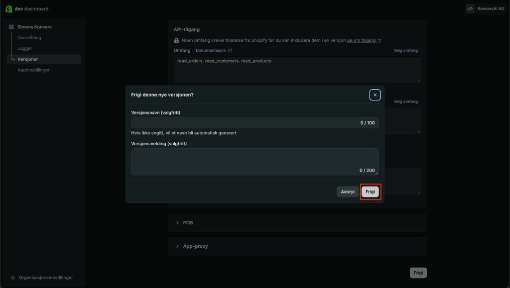 The Release this new version dialog in the Shopify Dev Dashboard, with Release highlighted.