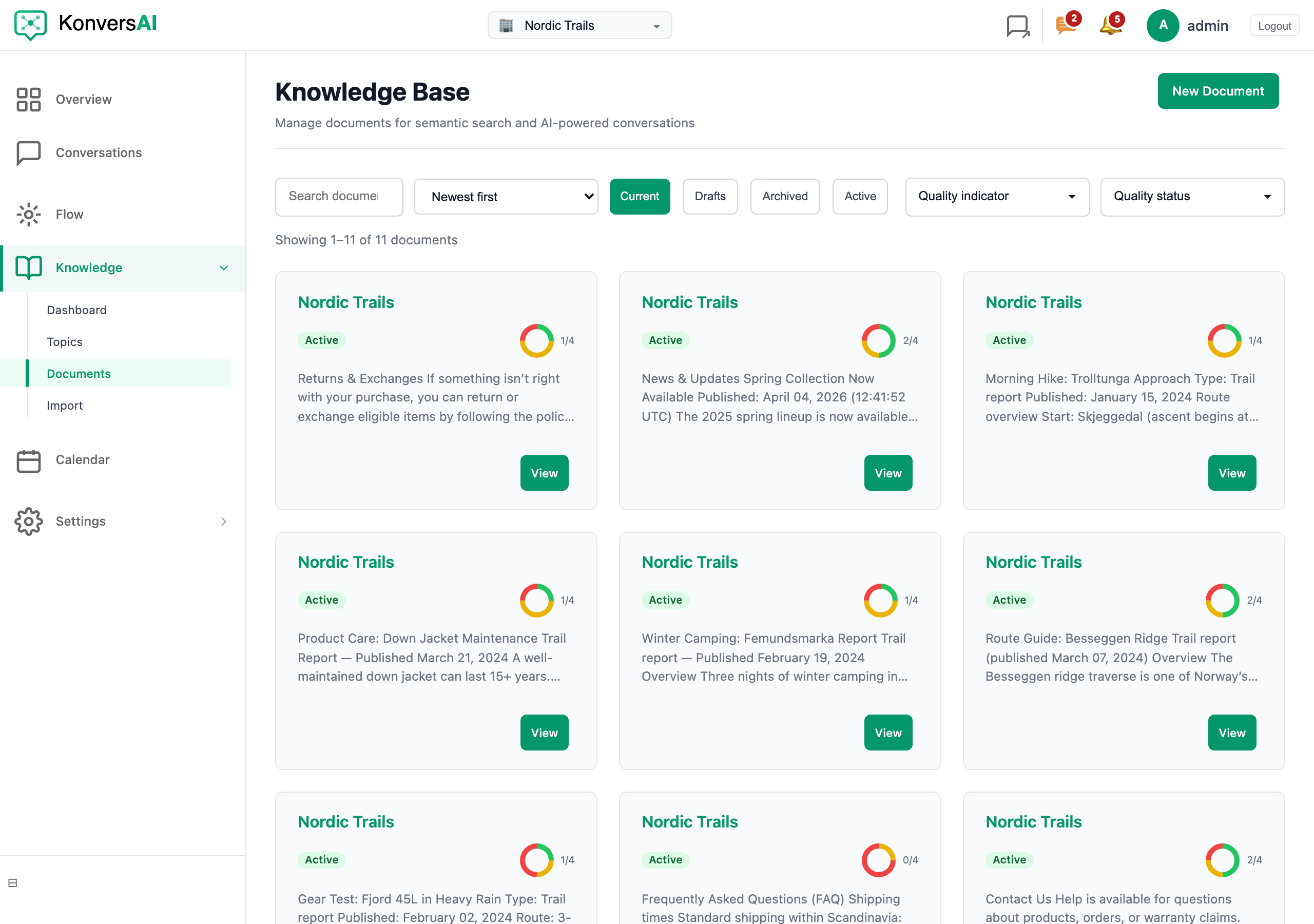 The Knowledge Base screen, listing the documents the assistant answers from.