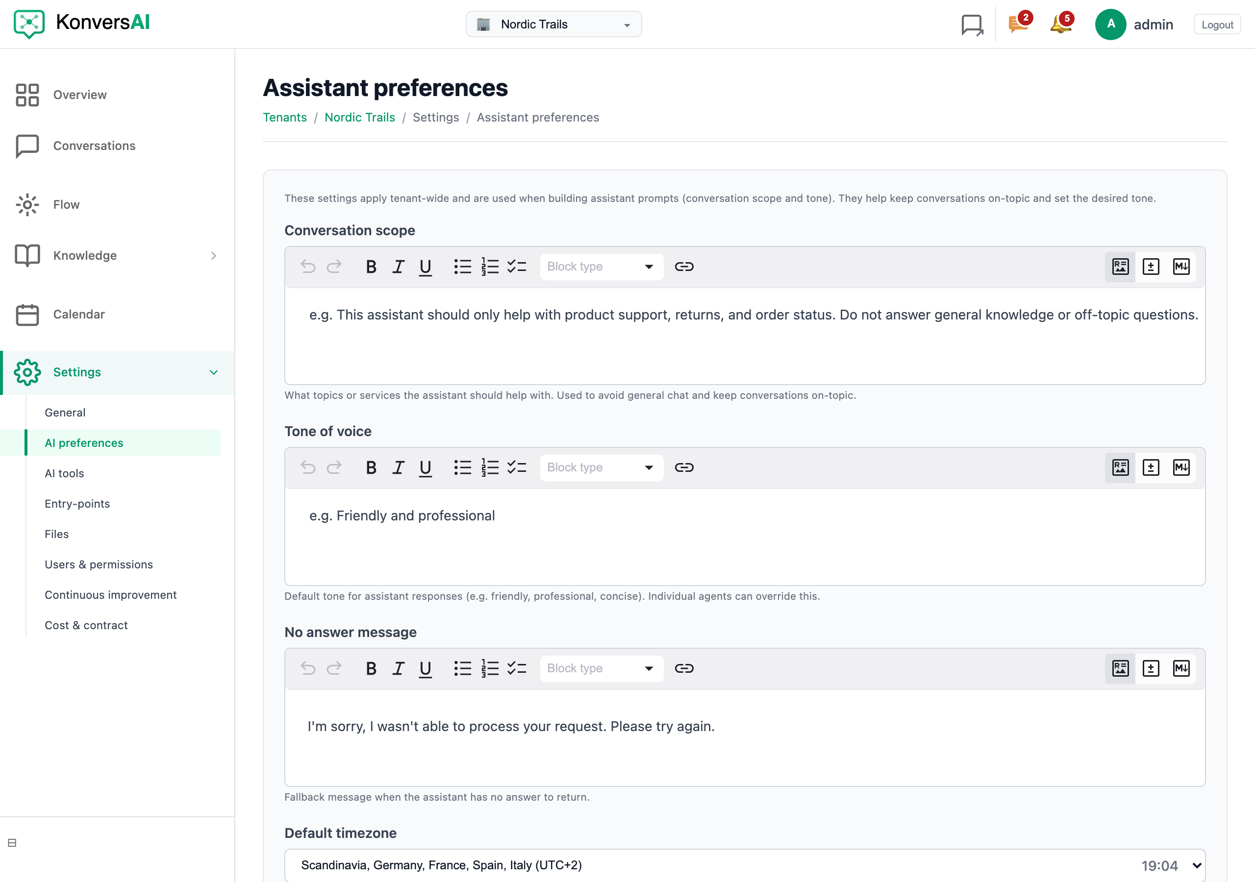 The Assistant preferences screen, with the conversation scope, tone of voice and no-answer message fields.