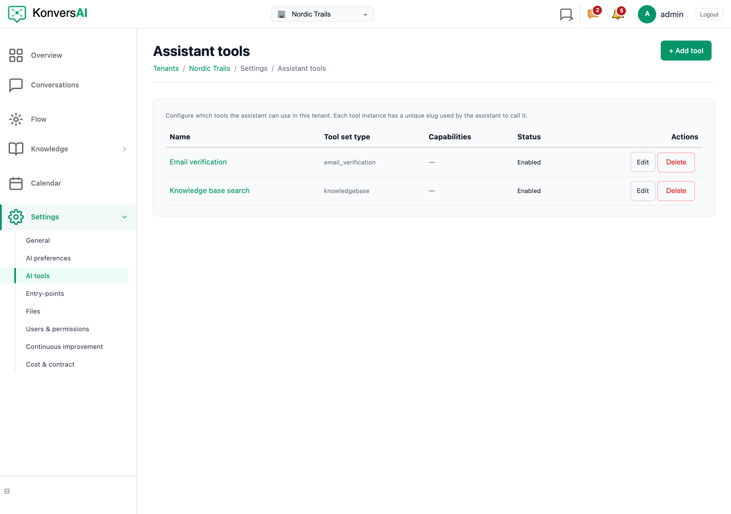 The Assistant tools screen, listing each configured tool with its type, capabilities and status.