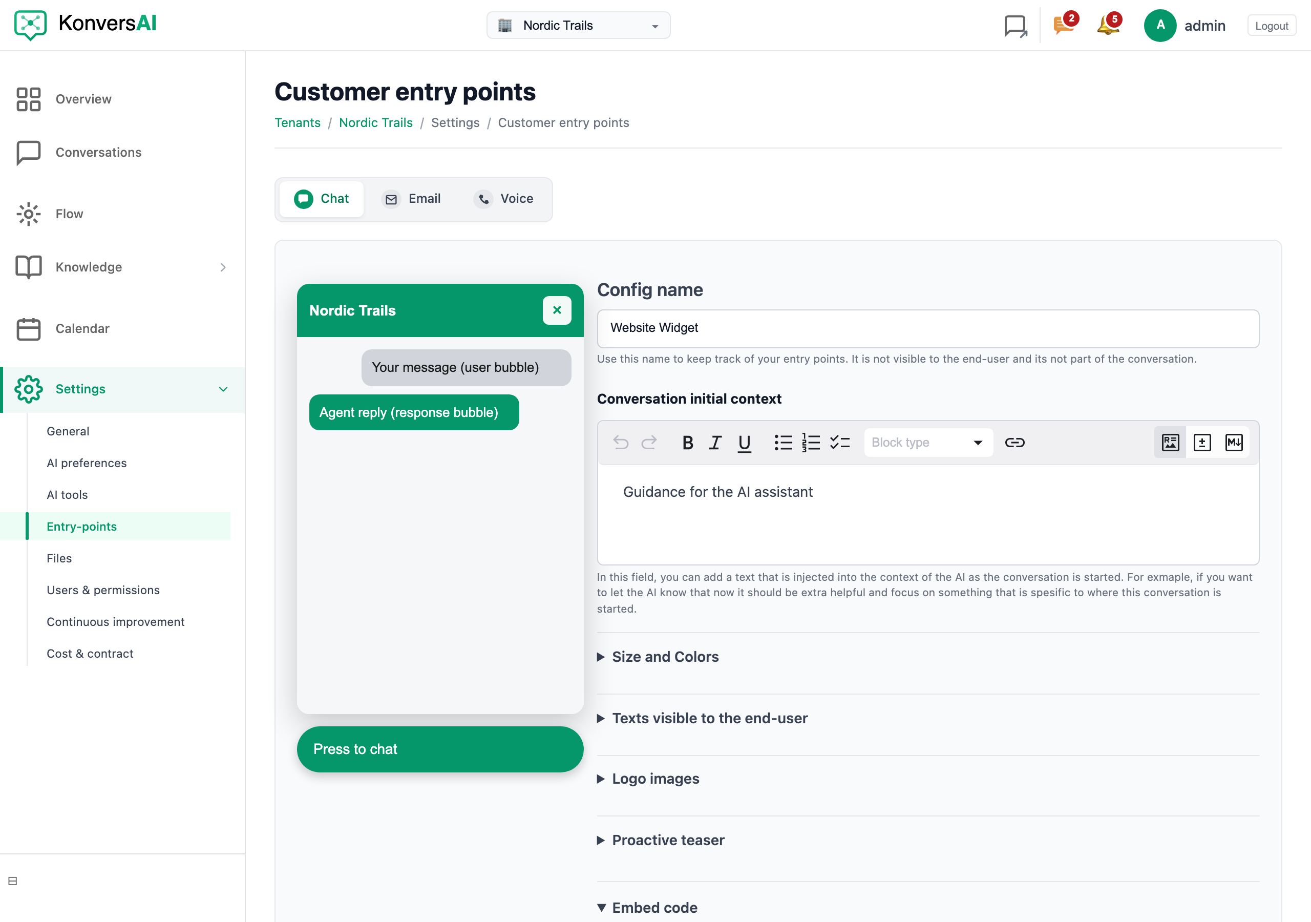 The Chat tab of the Customer entry points screen, with the widget configuration sections.