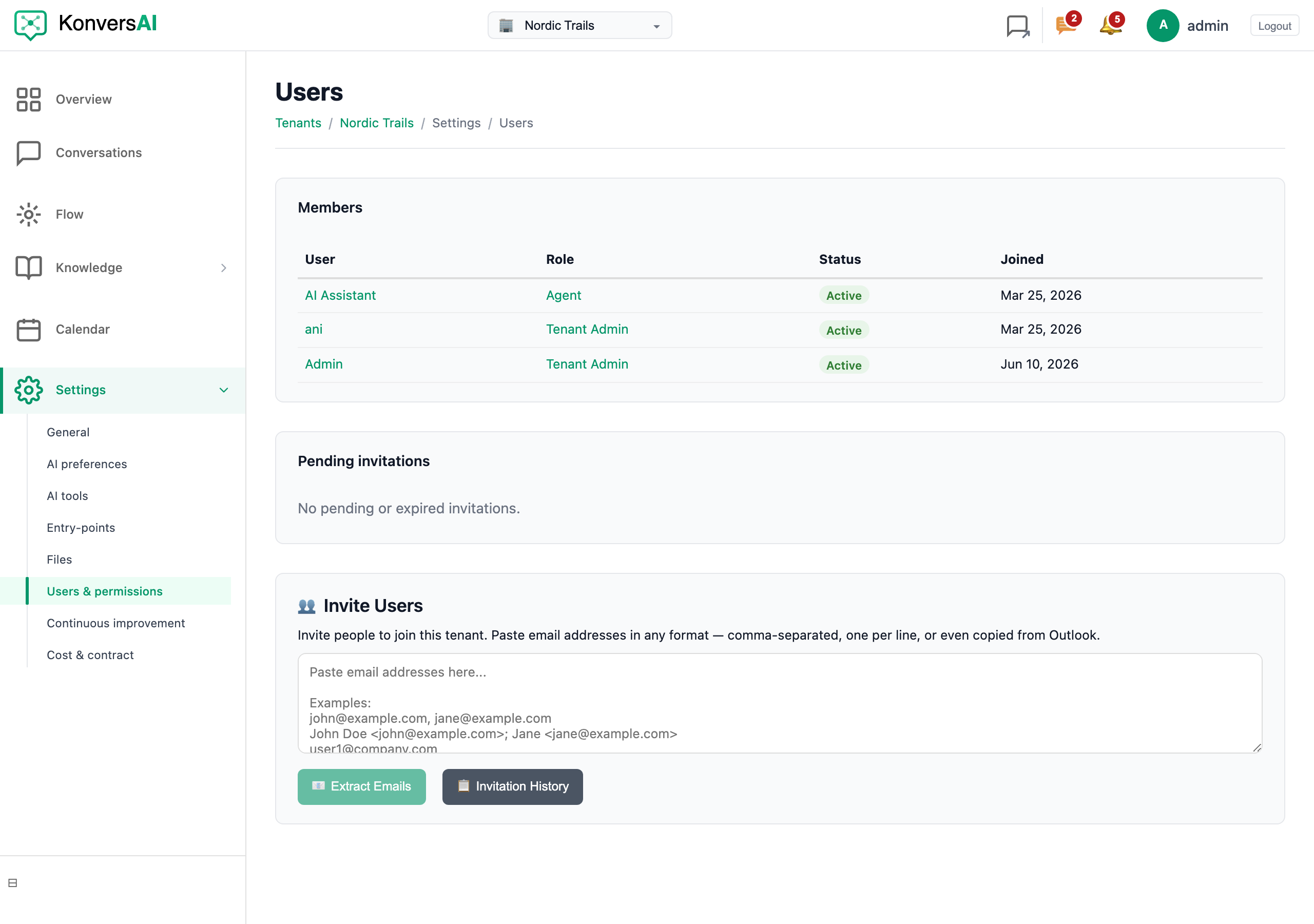 The Users screen, with the Members card and the Pending invitations card.